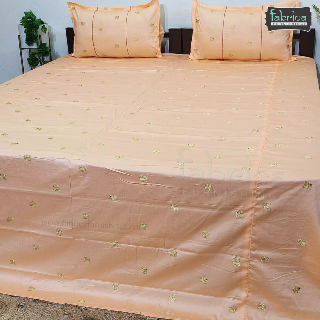 Elephant Motif Foil Work Embroidered King Size Bedsheet