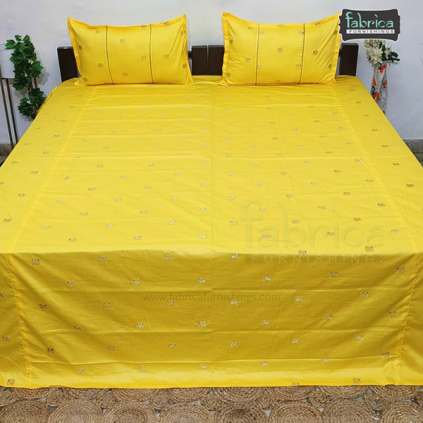 Elephant Motif Foil Work Embroidered King Size Bedsheet