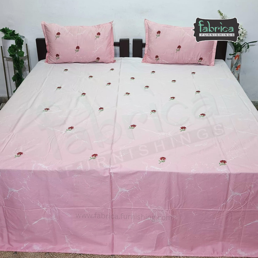 Floral Bloom Embroidered King Size Pure Cotton Bedsheet Set