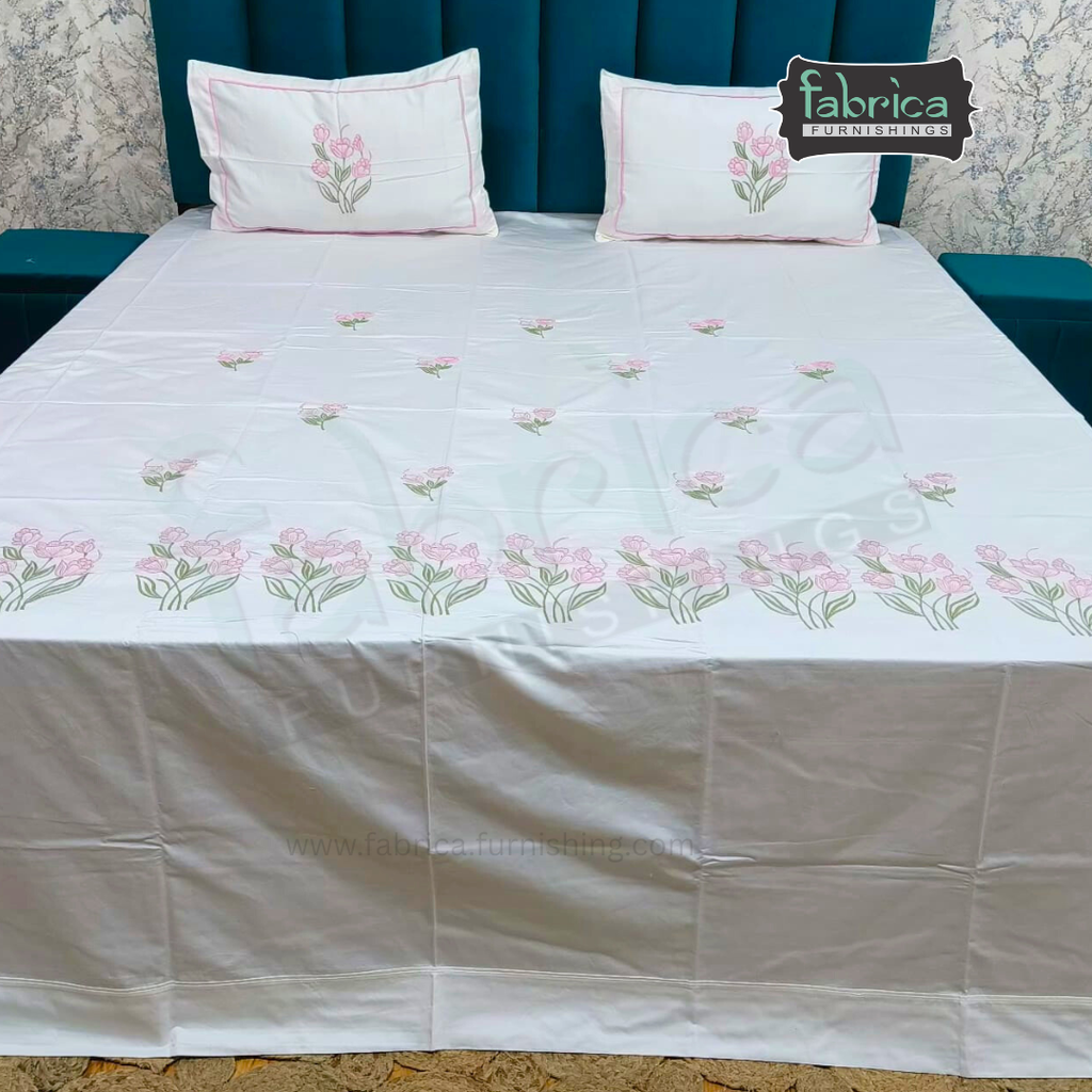 Ivory bloom Designer Pure Cotton Kingsize Embroidered Bedsheet