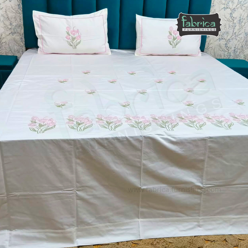 Ivory bloom Designer Pure Cotton Kingsize Embroidered Bedsheet