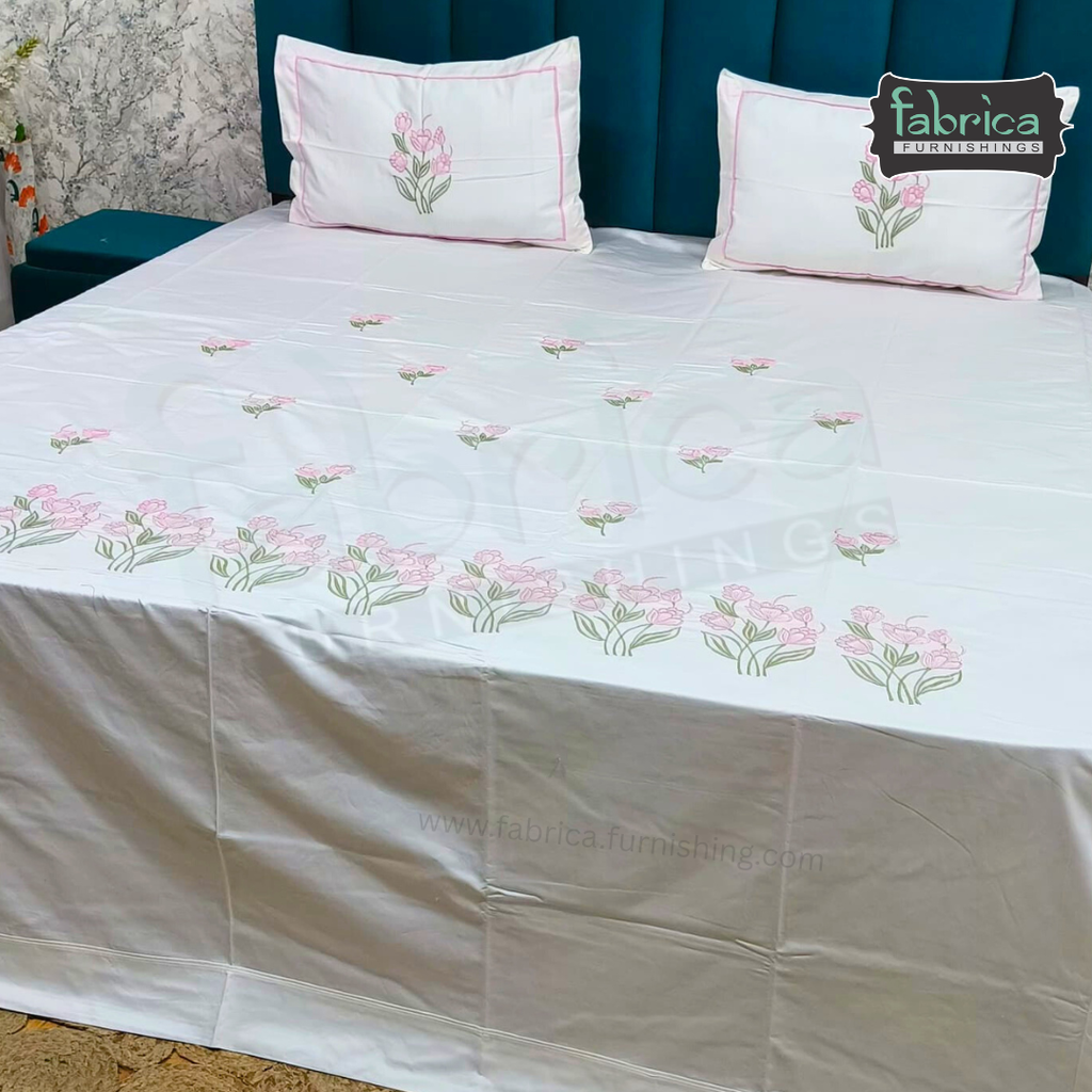 Ivory bloom Designer Pure Cotton Kingsize Embroidered Bedsheet