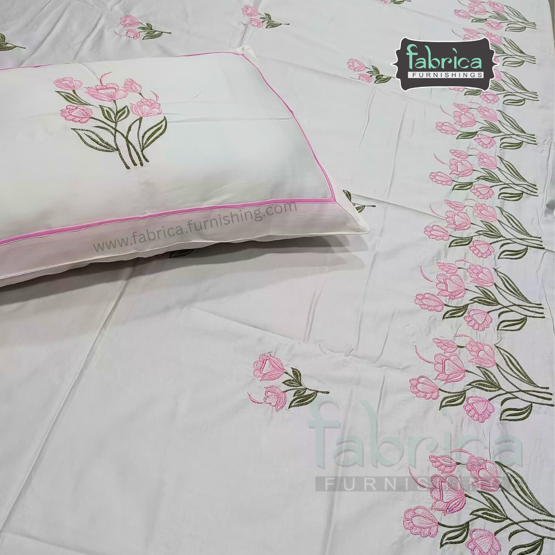 Ivory bloom Designer Pure Cotton Kingsize Embroidered Bedsheet