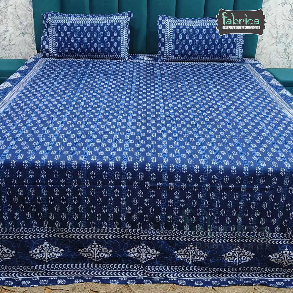 Indigo Printed Double Bed Pure Cotton Bedsheet