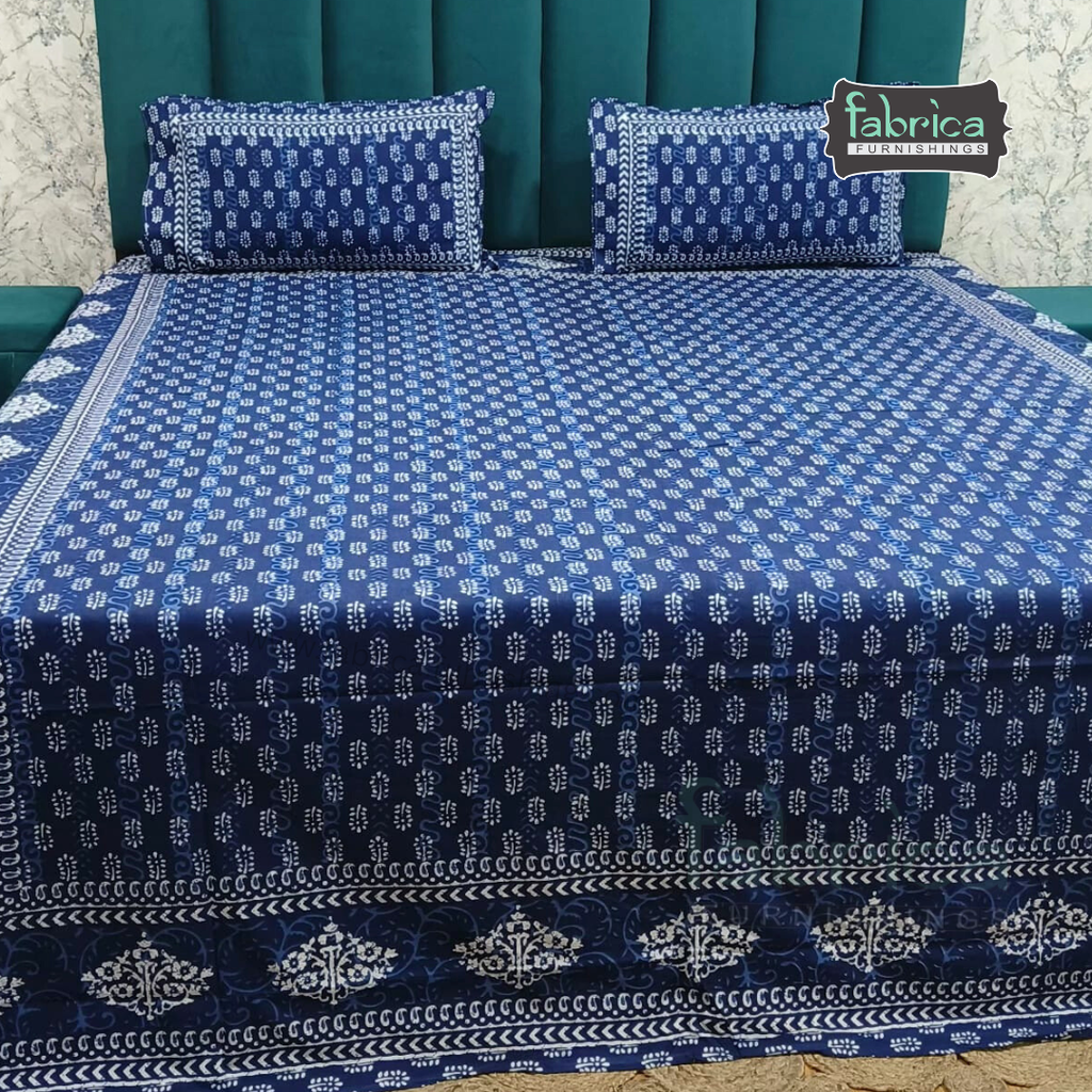 Indigo Printed Double Bed Pure Cotton Bedsheet
