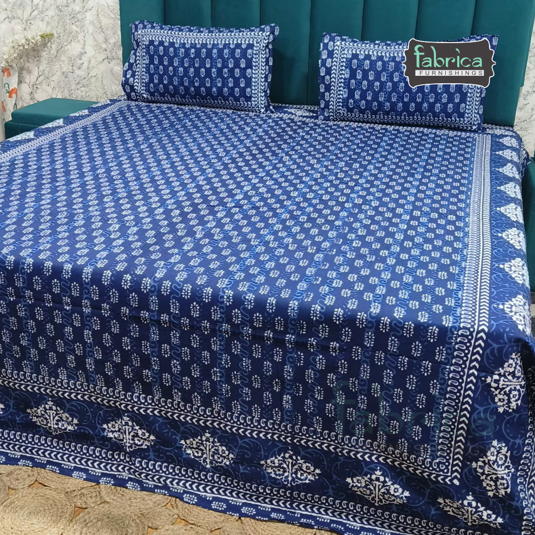 Indigo Printed Double Bed Pure Cotton Bedsheet