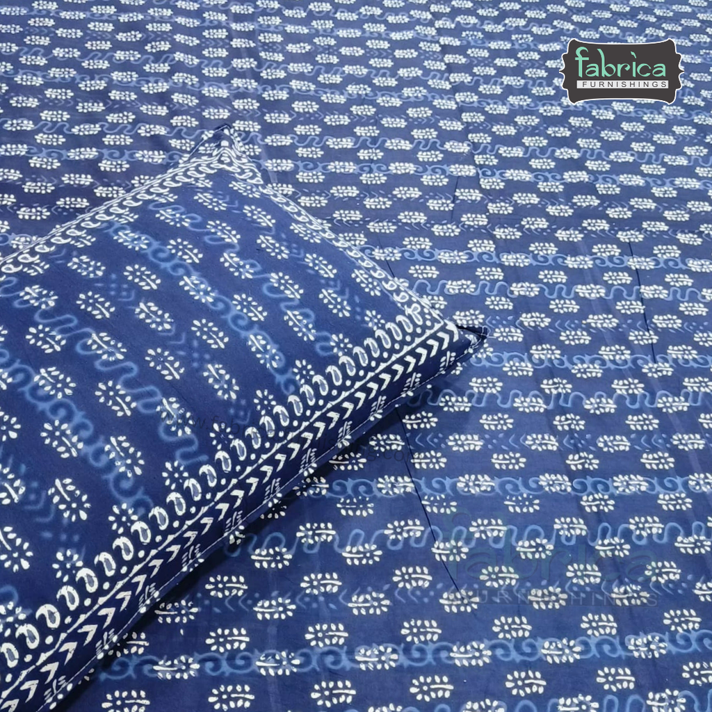 Indigo Printed Double Bed Pure Cotton Bedsheet