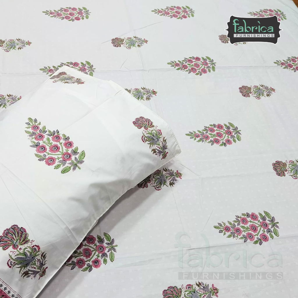 Dobby Checks 600 TC Hand block Printed  King-size Bedsheet