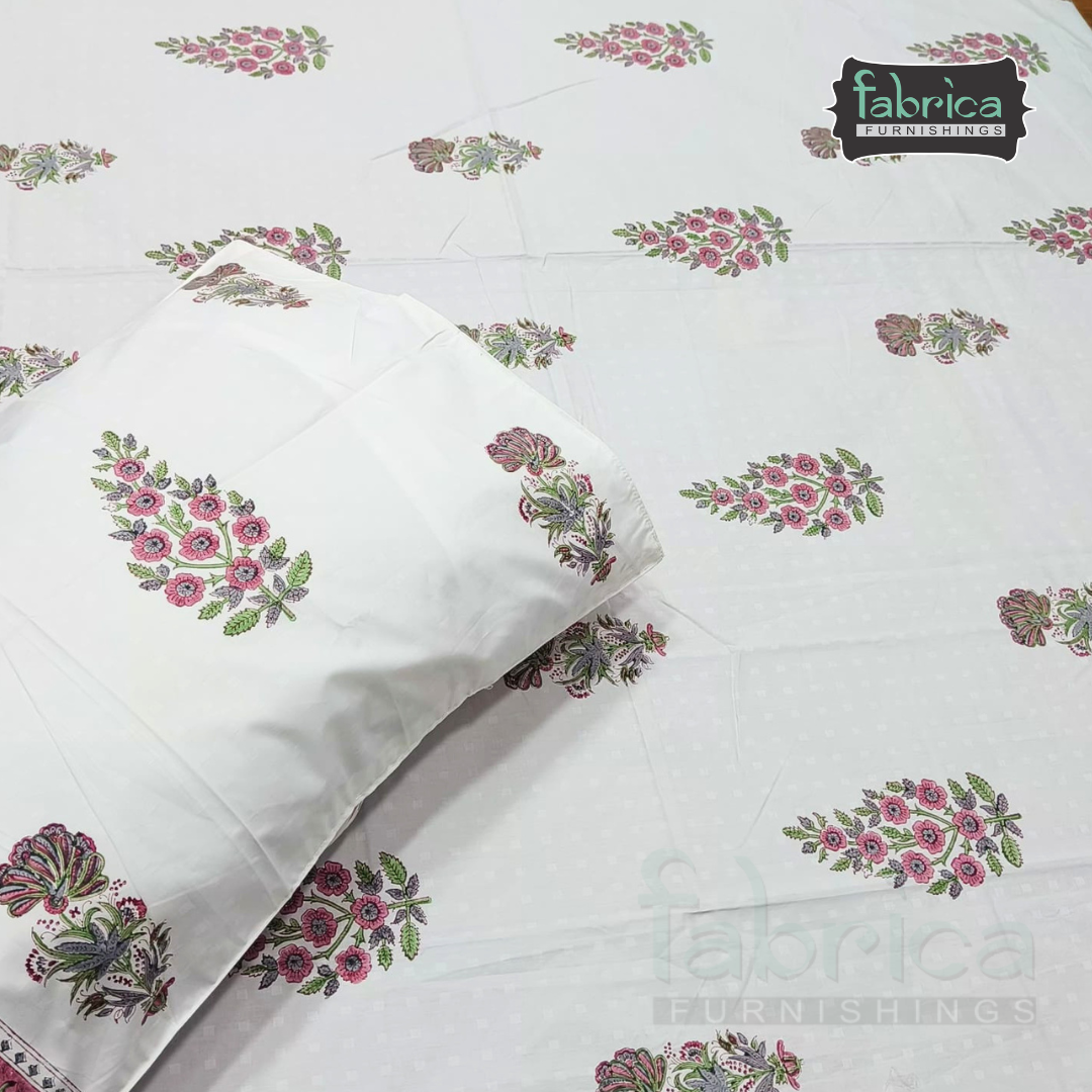 Dobby Checks 600 TC Hand block Printed  King-size Bedsheet