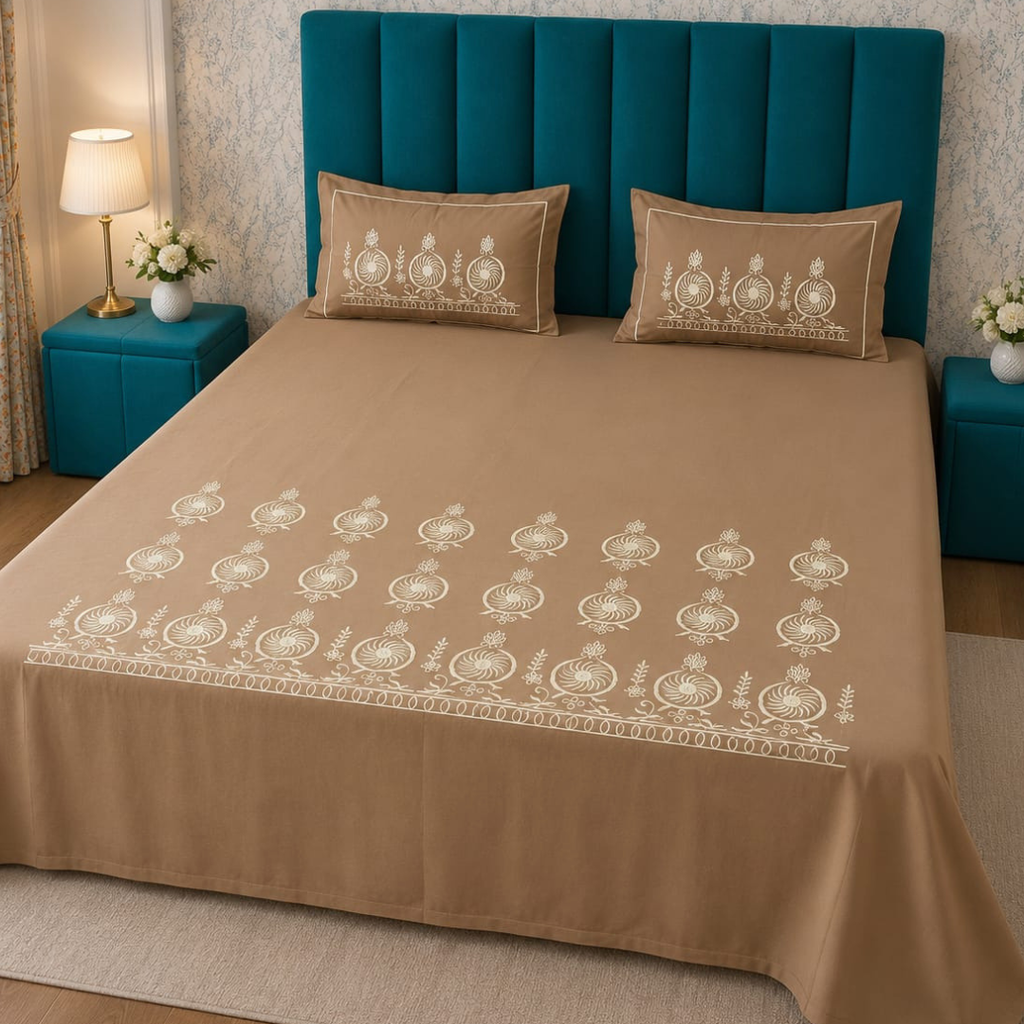 Shahi karigari Pure Cotton Designer Kingsize Embroidered Bedsheet