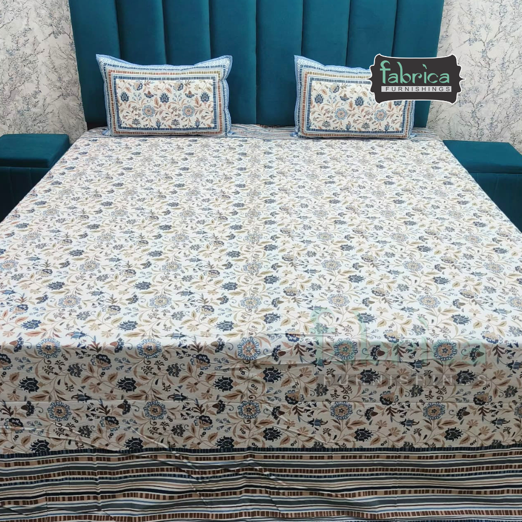 Sapphire Ethnic Printed Pure Cotton Kingsize Bed Sheets With Quilted Pillow Cover