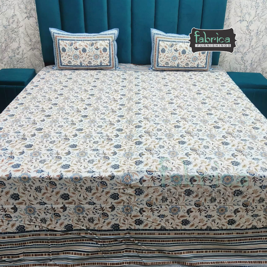 Sapphire Ethnic Printed Pure Cotton Kingsize Bed Sheets With Quilted Pillow Cover