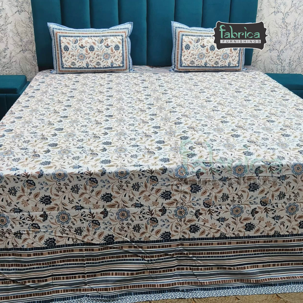 Sapphire Ethnic Printed Pure Cotton Kingsize Bed Sheets With Quilted Pillow Cover