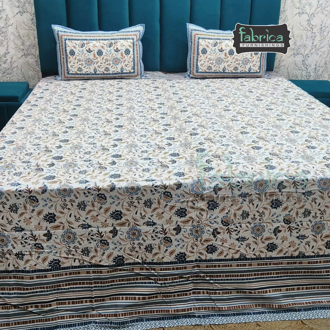 Sapphire Ethnic Printed Pure Cotton Kingsize Bed Sheets With Quilted Pillow Cover