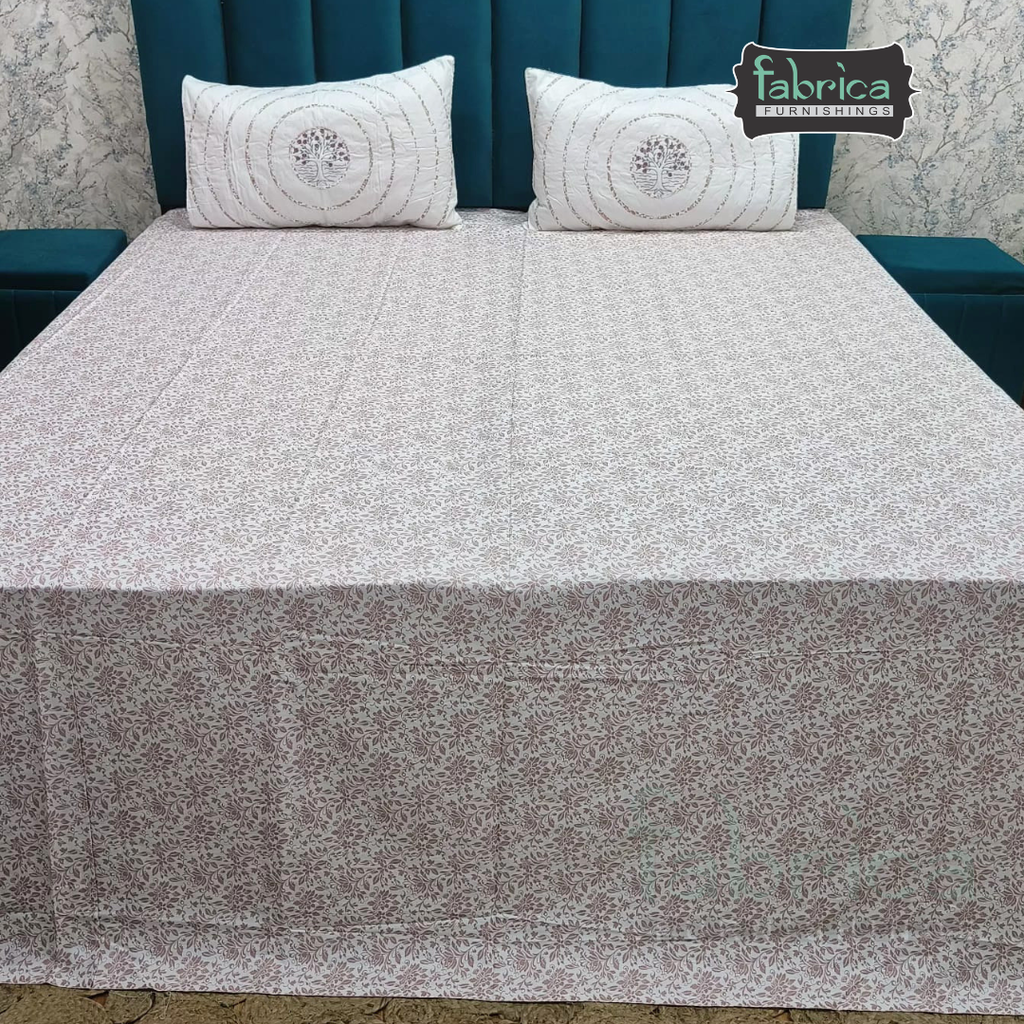 Fabrica Signature Pure Cotton King Size Printed Bedsheet with Quilted pillow covers