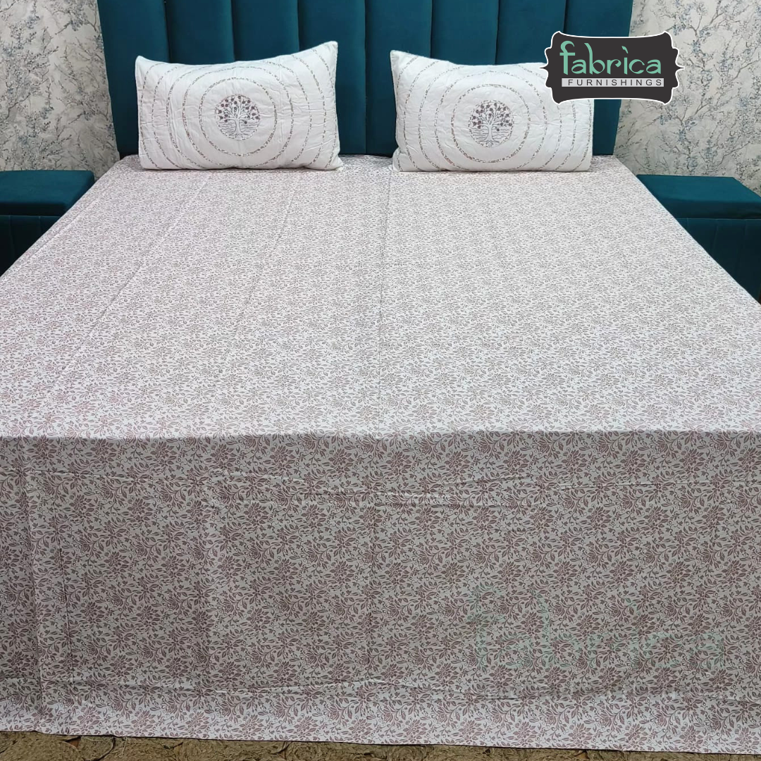 Fabrica Signature Pure Cotton King Size Printed Bedsheet with Quilted pillow covers