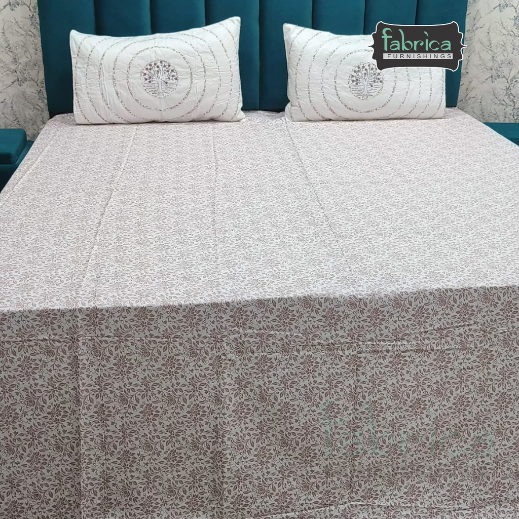Fabrica Signature Pure Cotton King Size Printed Bedsheet with Quilted pillow covers