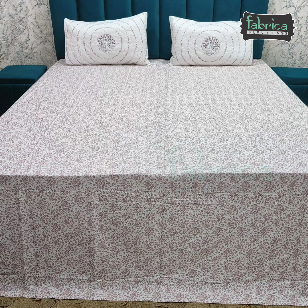 Fabrica Signature Pure Cotton King Size Printed Bedsheet with Quilted pillow covers