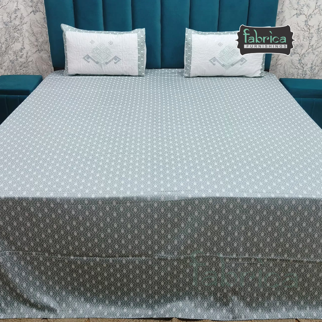 Fabrica Signature Pure Cotton King Size Printed Bedsheet with Quilted pillow covers