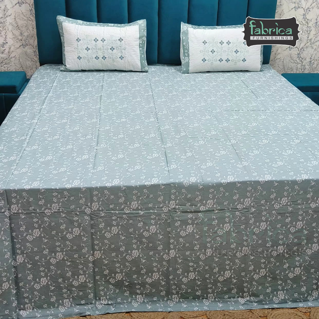 Fabrica Signature Pure Cotton King Size Printed Bedsheet with Quilted pillow covers