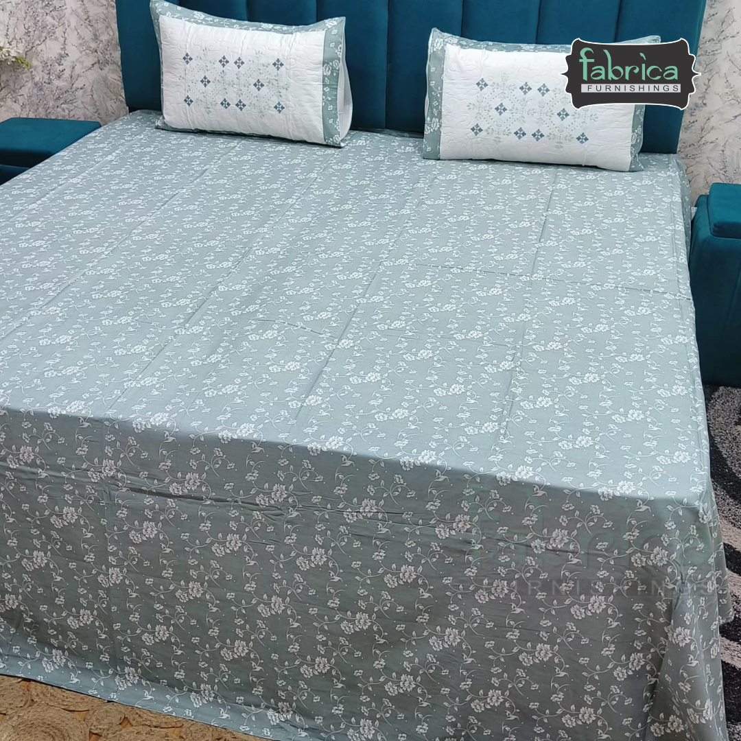 Fabrica Signature Pure Cotton King Size Printed Bedsheet with Quilted pillow covers