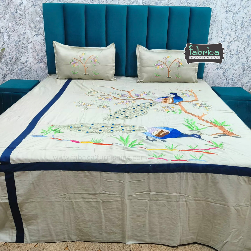 Peacock Embroidered Pure Cotton Designer King Size Bed Sheets
