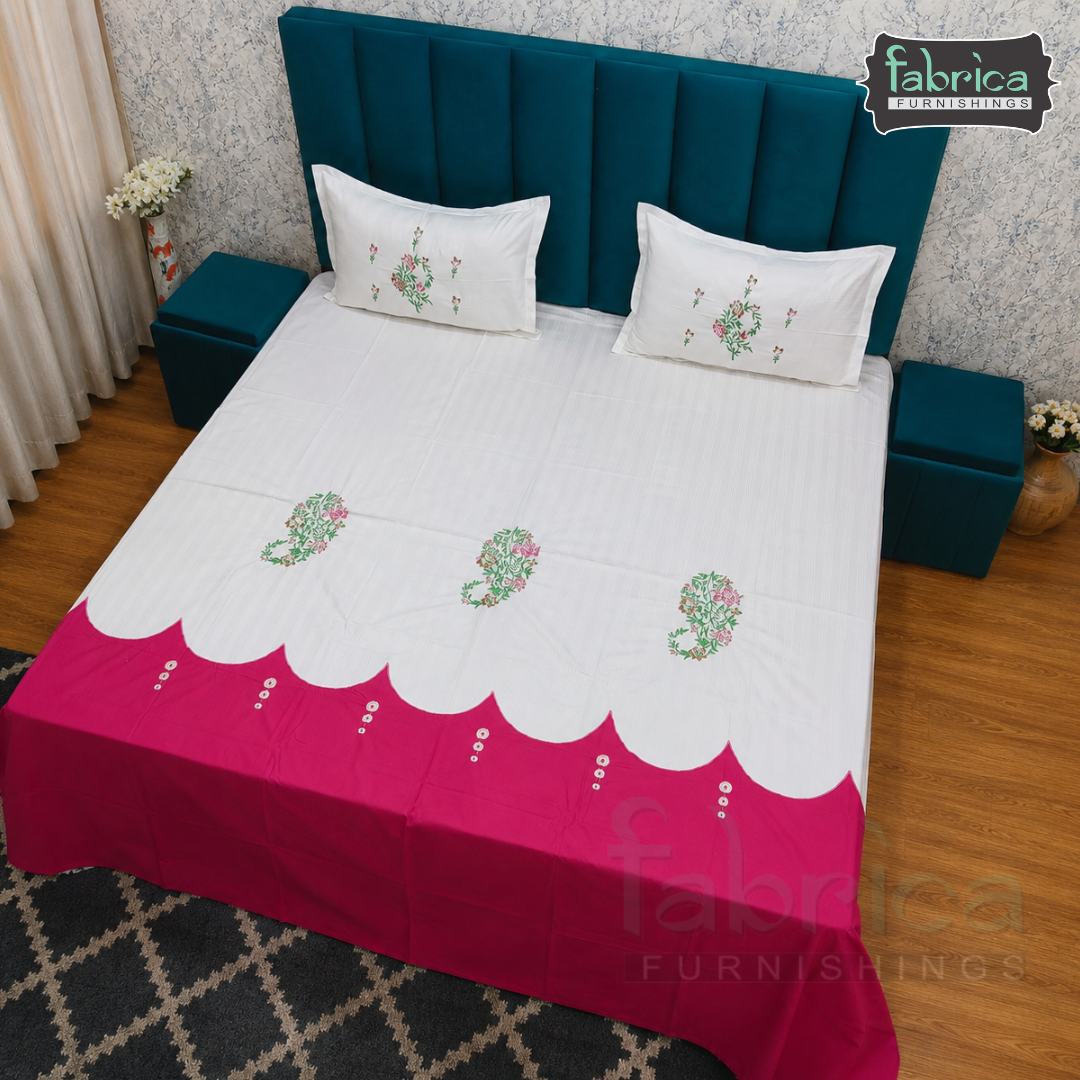 Premium Cotton King Size Bedsheet Set Elegant White & Pink Floral Design