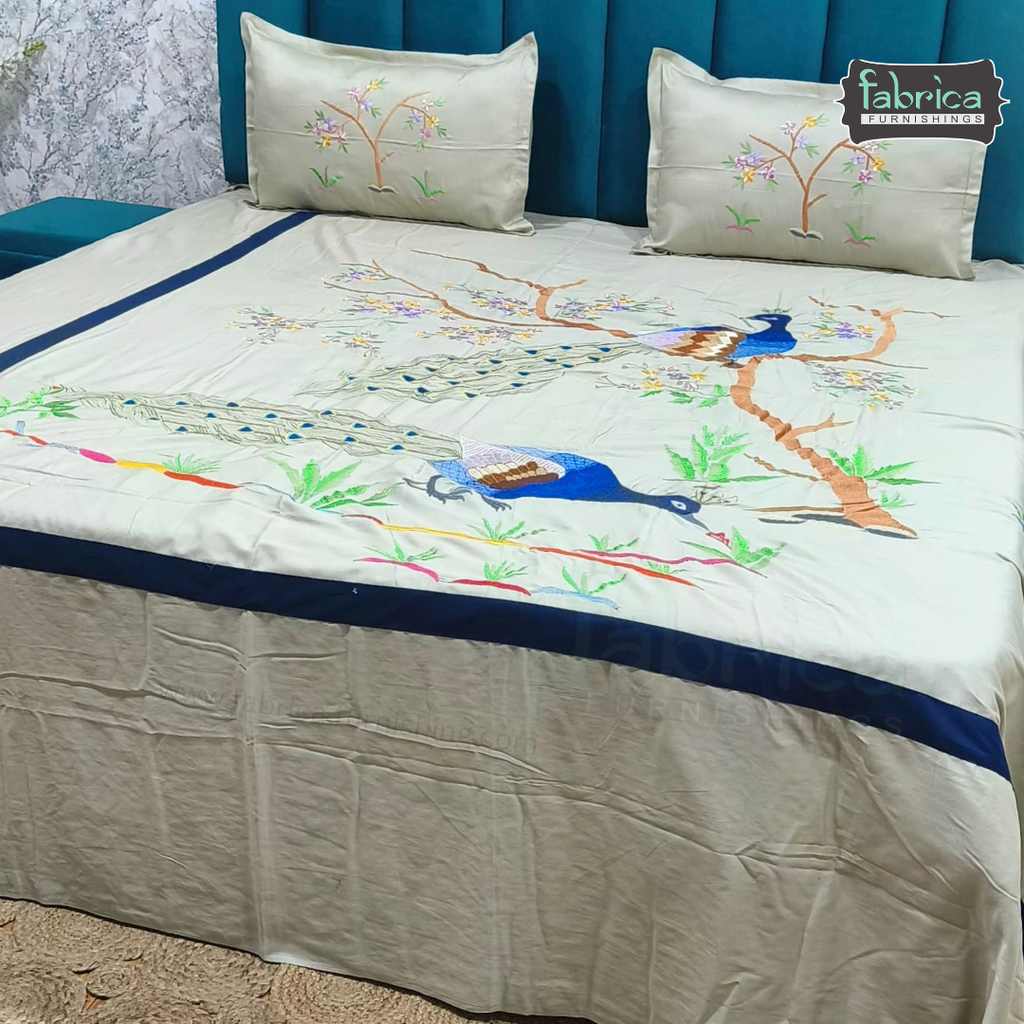 Peacock Embroidered Pure Cotton Designer King Size Bed Sheets