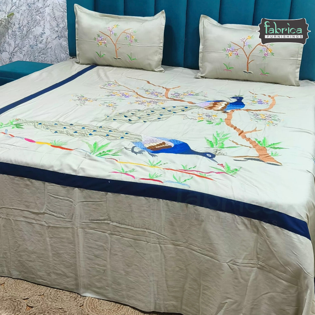 Peacock Embroidered Pure Cotton Designer King Size Bed Sheets
