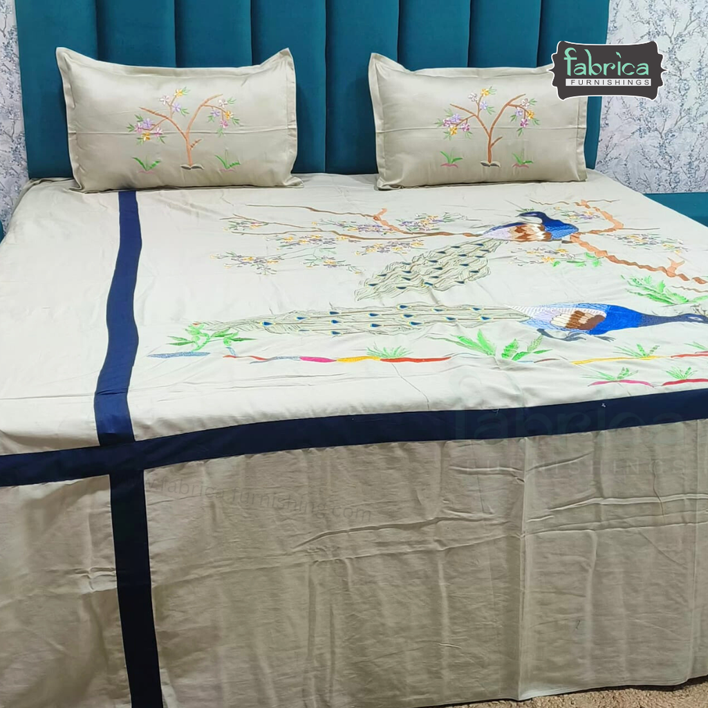 Peacock Embroidered Pure Cotton Designer King Size Bed Sheets