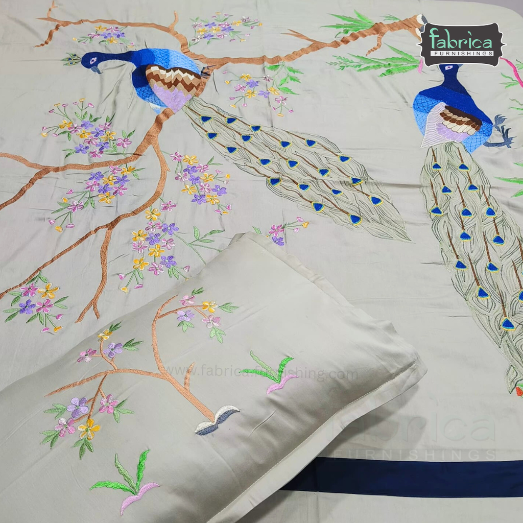 Peacock Embroidered Pure Cotton Designer King Size Bed Sheets