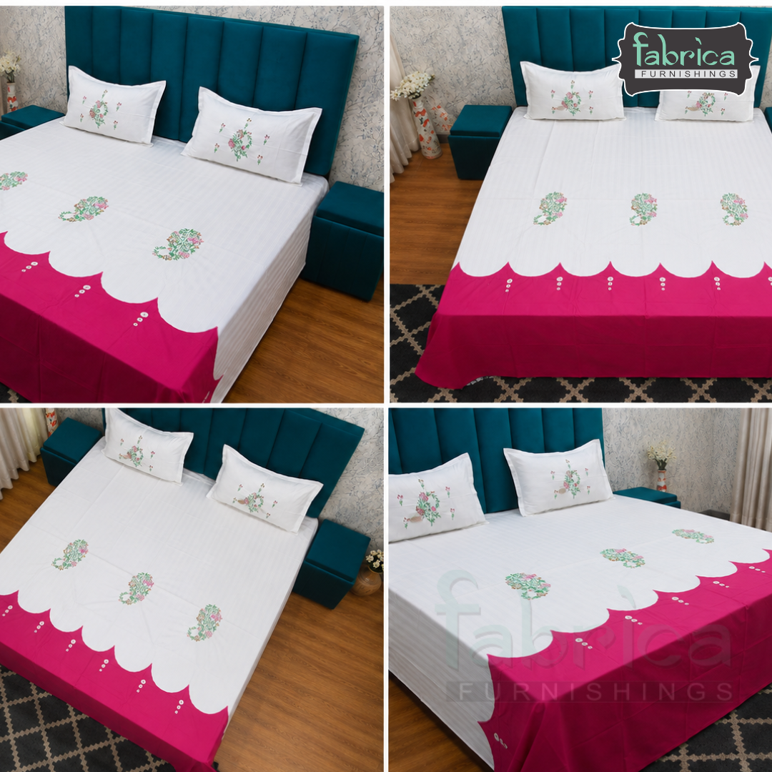Premium Cotton King Size Bedsheet Set Elegant White & Pink Floral Design