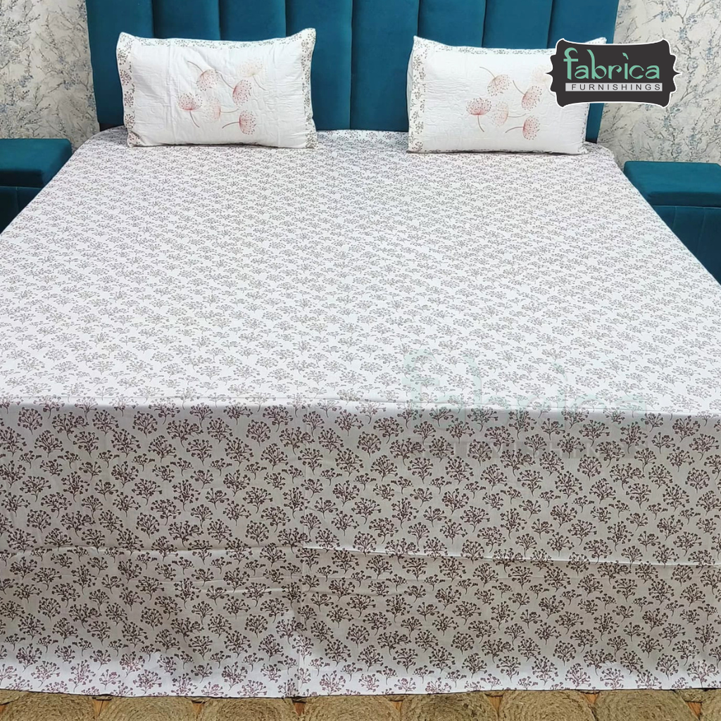 Fabrica Signature Pure Cotton King Size Printed Bedsheet with Quilted pillow covers