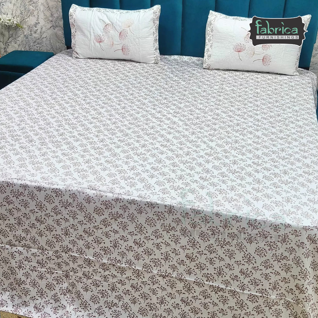 Fabrica Signature Pure Cotton King Size Printed Bedsheet with Quilted pillow covers