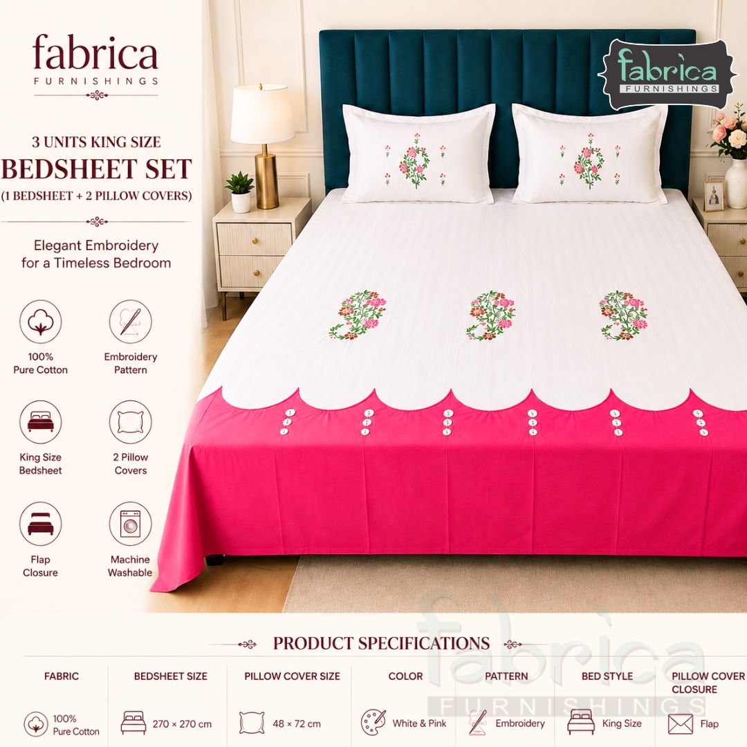 Premium Cotton King Size Bedsheet Set Elegant White & Pink Floral Design
