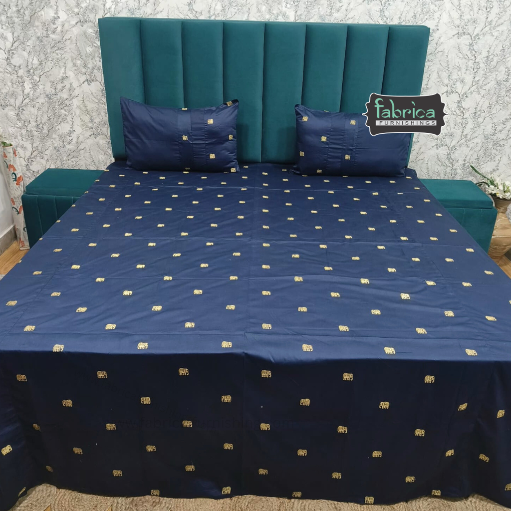 Elephant Motif Foil Work Embroidered King Size Bedsheet