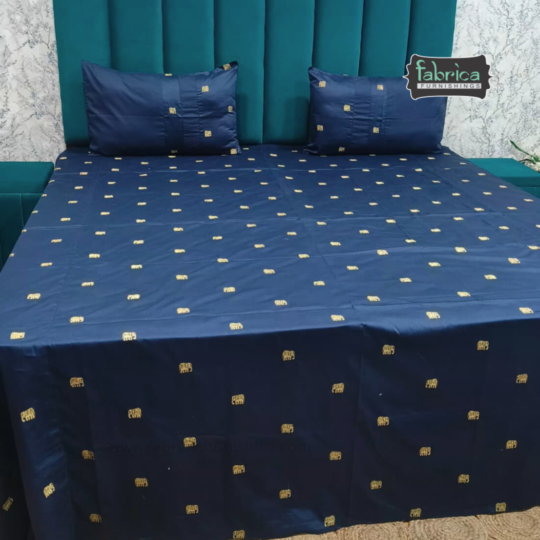 Elephant Motif Foil Work Embroidered King Size Bedsheet