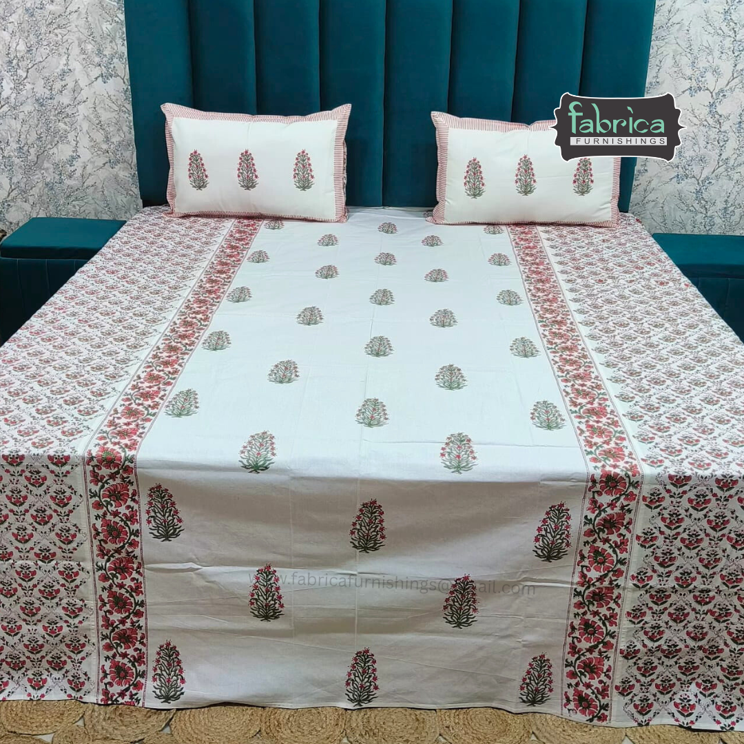 Traditional Handblock And Ajrak Printed Pure Cotton Kking Size Bedsheet