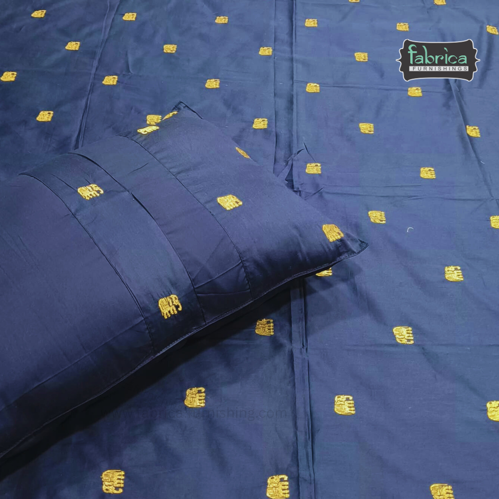 Elephant Motif Foil Work Embroidered King Size Bedsheet