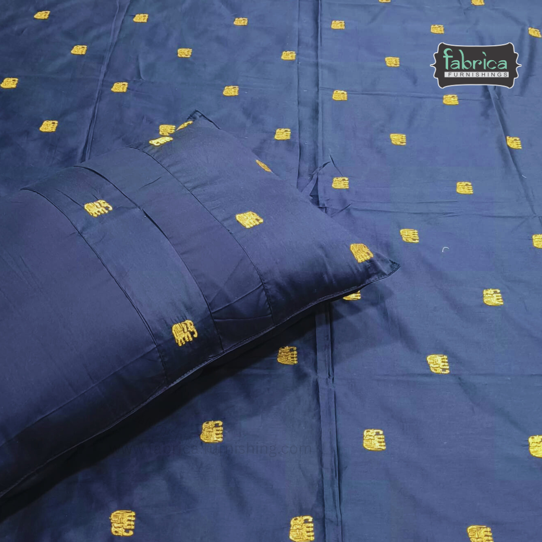 Elephant Motif Foil Work Embroidered King Size Bedsheet