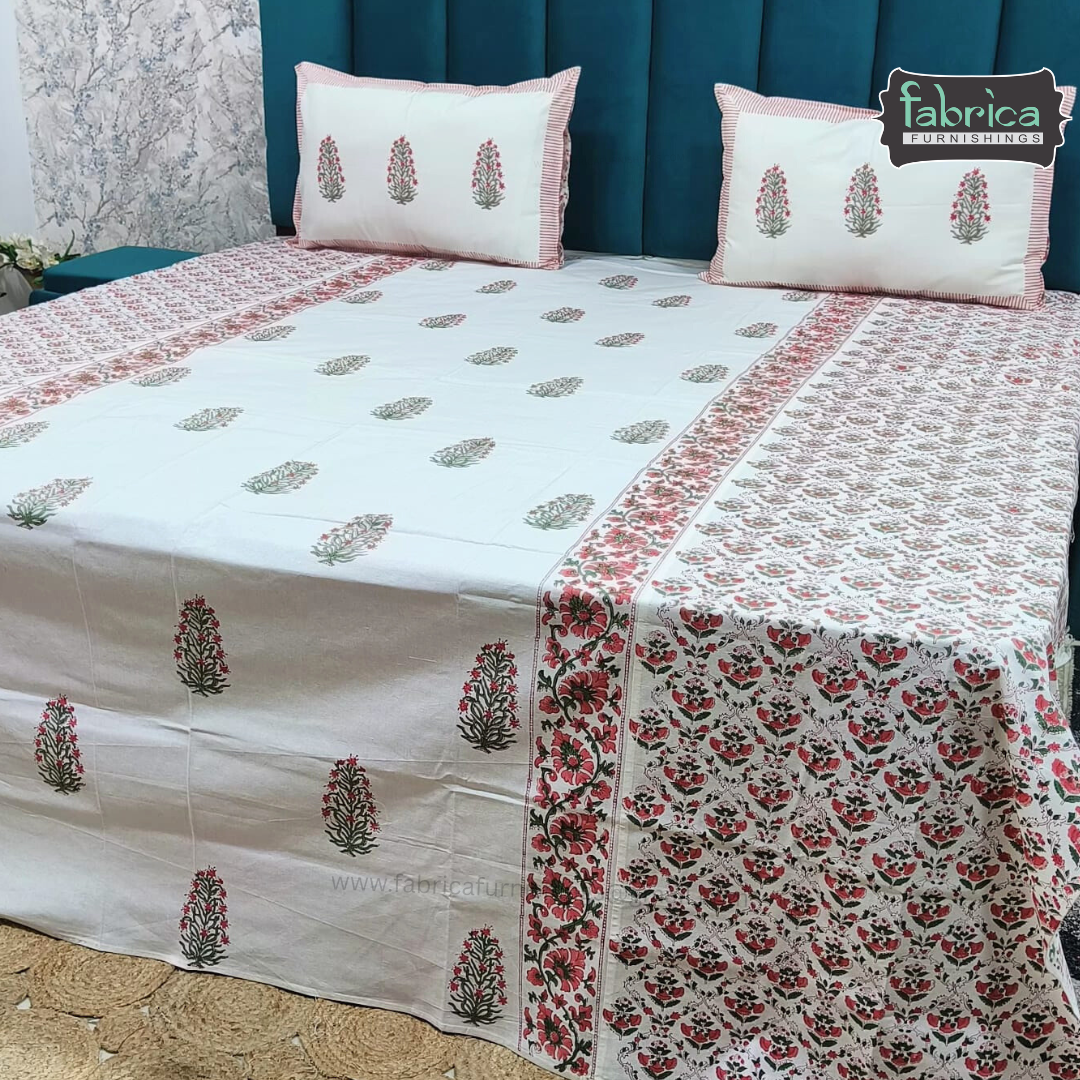 Traditional Handblock And Ajrak Printed Pure Cotton Kking Size Bedsheet