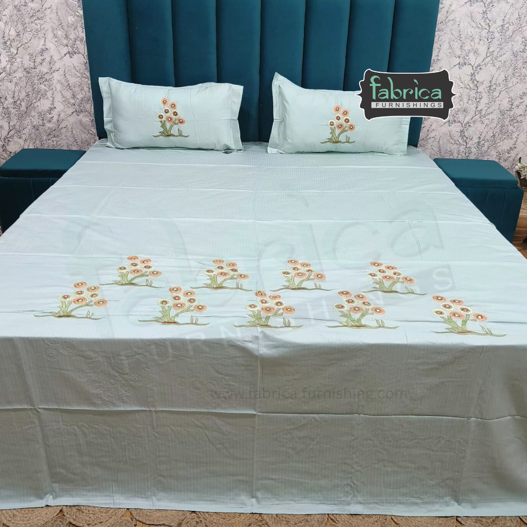 Ivory bloom Designer Pure Cotton Kingsize Embroidered Bedsheet