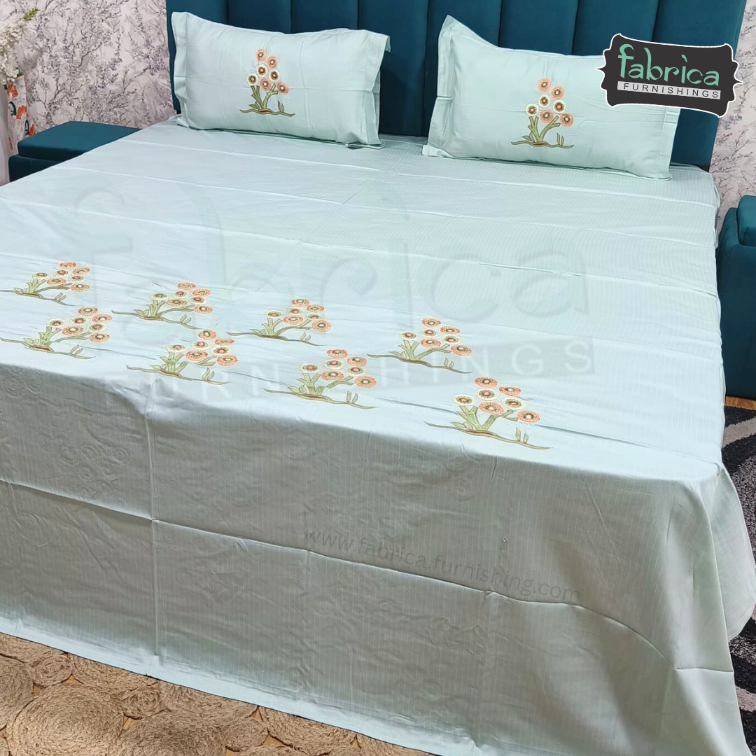 Ivory bloom Designer Pure Cotton Kingsize Embroidered Bedsheet