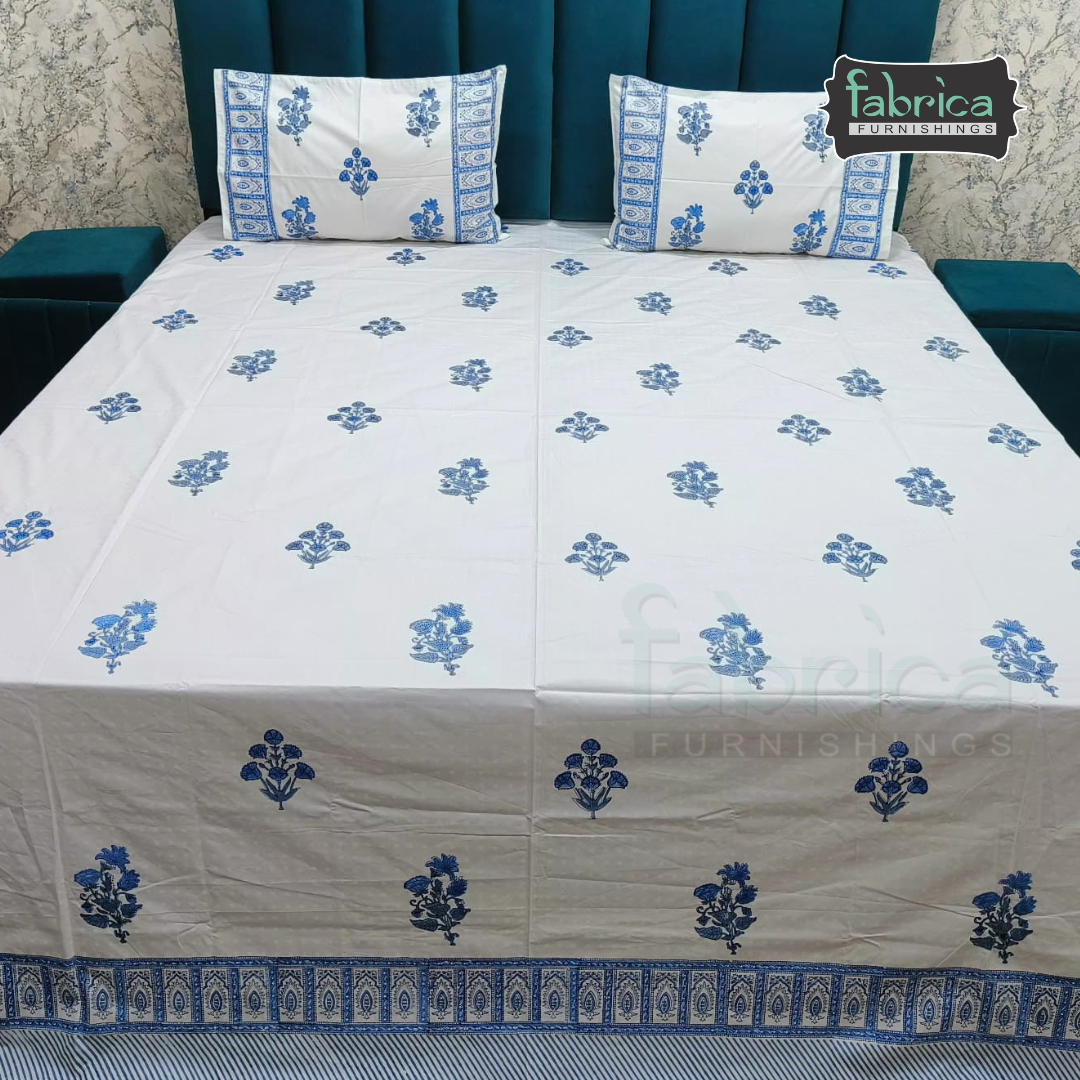 Dobby Checks 600 TC Hand block Printed  King-size Bedsheet