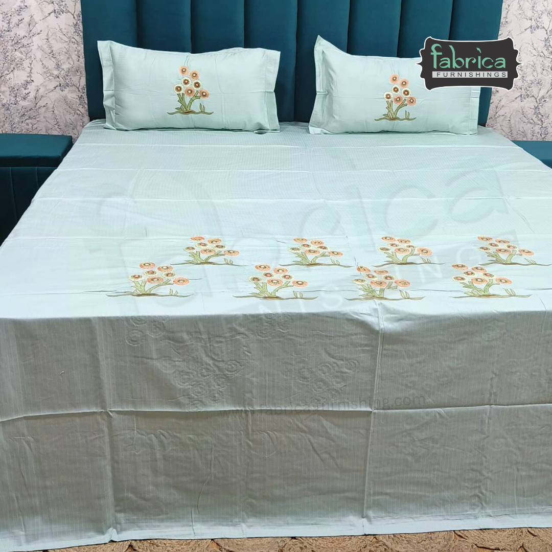 Ivory bloom Designer Pure Cotton Kingsize Embroidered Bedsheet