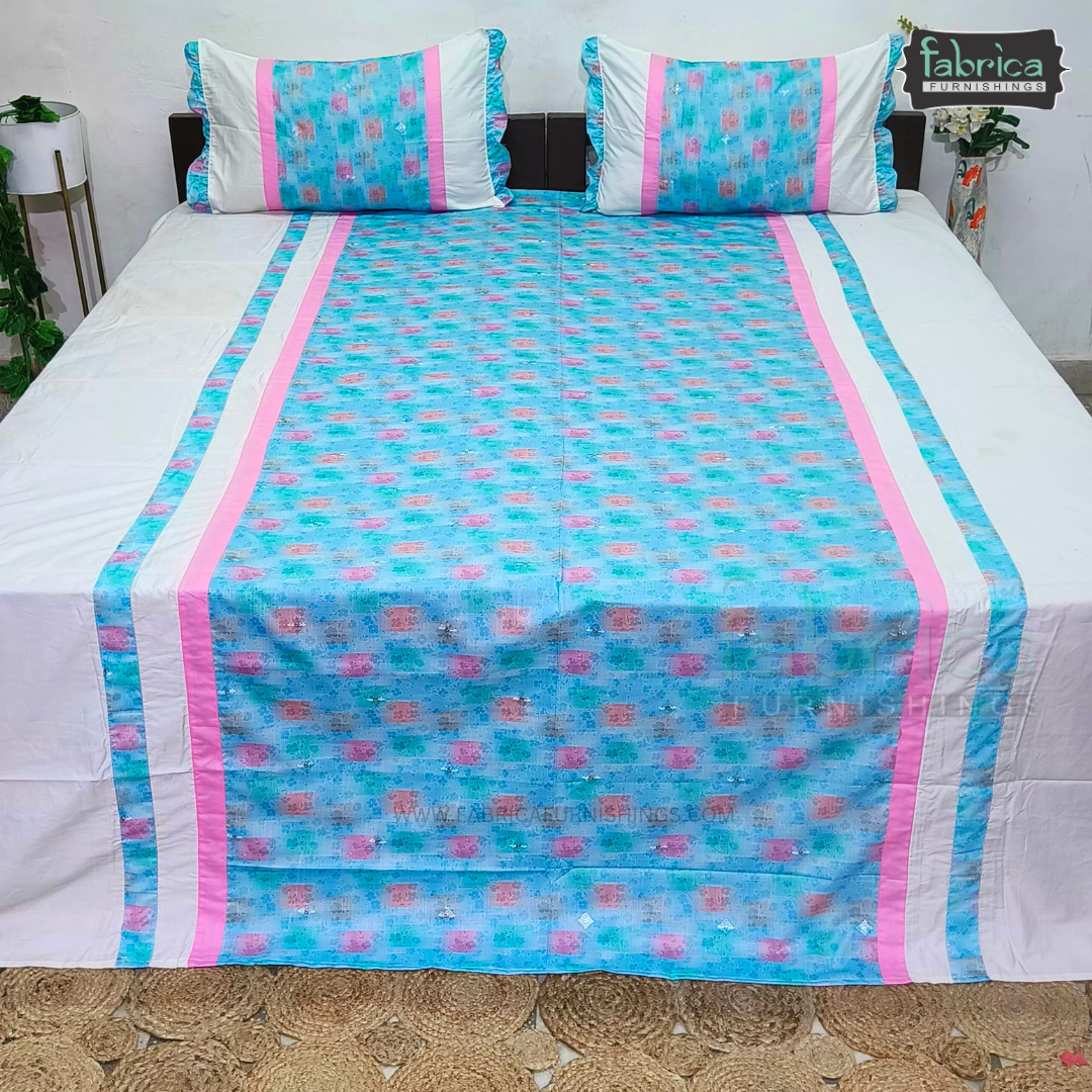 Decor Designer Pure Cotton Mix & Match King Size Emroidered  Bedsheet With Frill Pillow Covers