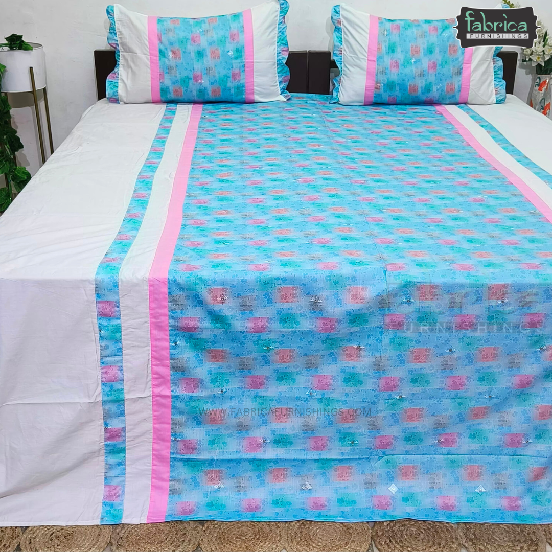 Decor Designer Pure Cotton Mix & Match King Size Emroidered  Bedsheet With Frill Pillow Covers