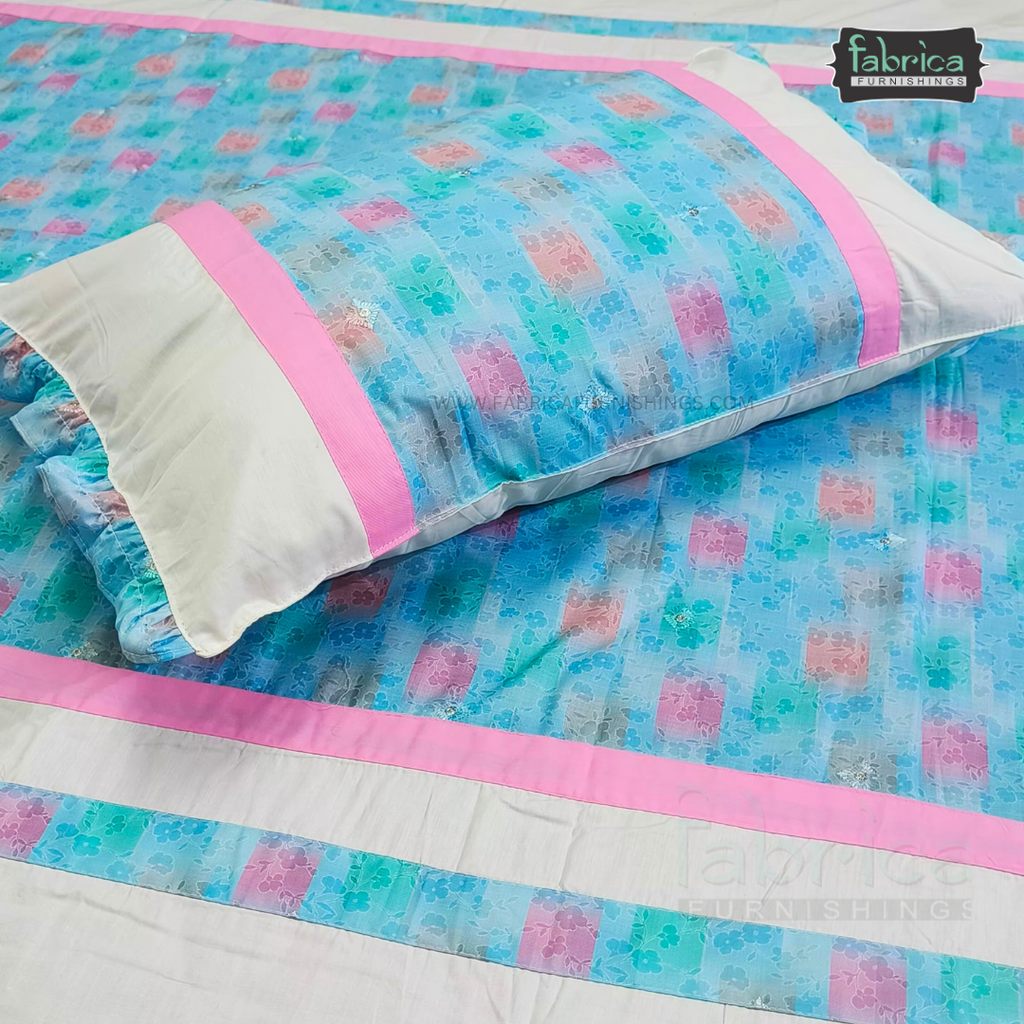 Decor Designer Pure Cotton Mix & Match King Size Emroidered  Bedsheet With Frill Pillow Covers