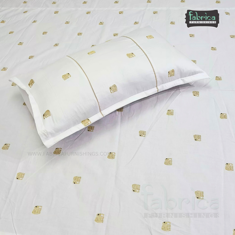 Elephant Motif Foil Work Embroidered King Size Bedsheet
