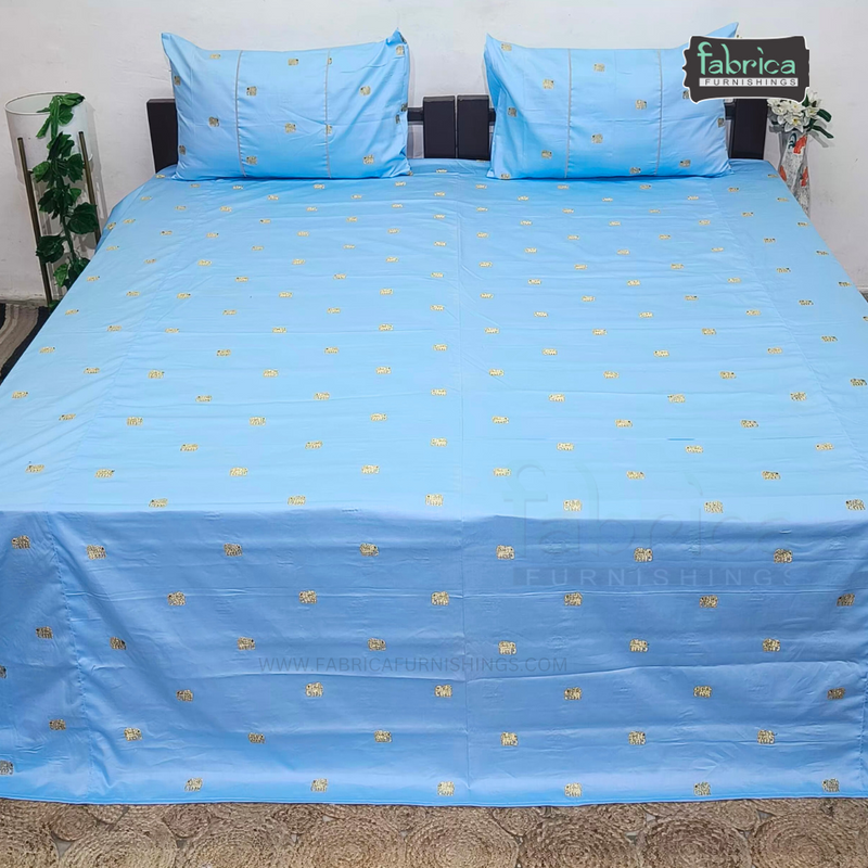 Elephant Motif Foil Work Embroidered King Size Bedsheet